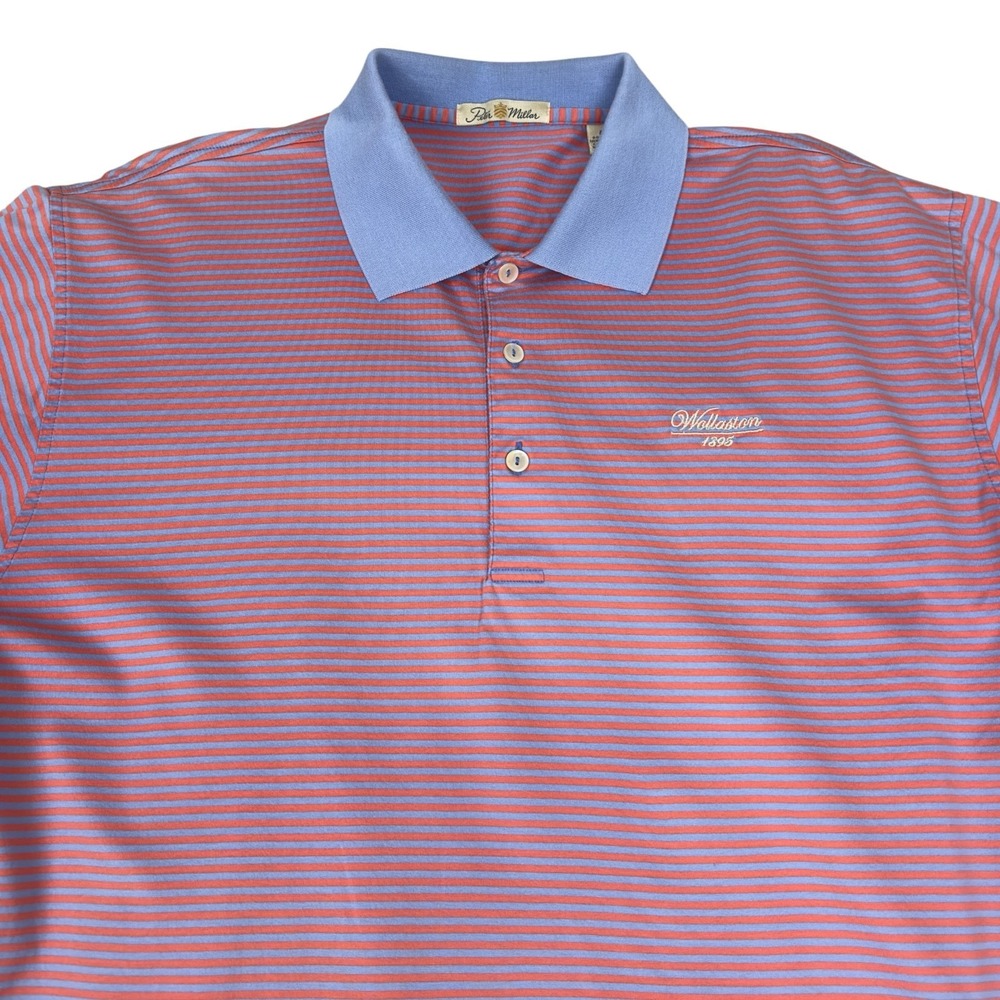 PETER MILLAR Shirt Mens Large Polo Crown Sport Orange Blue Stripes Golf Logo